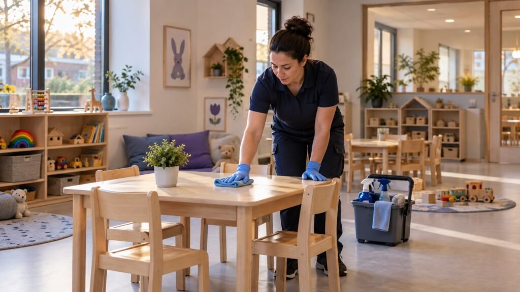 Schoonmaakprofessional reinigt een lege groepsruimte van een kinderdagverblijf
