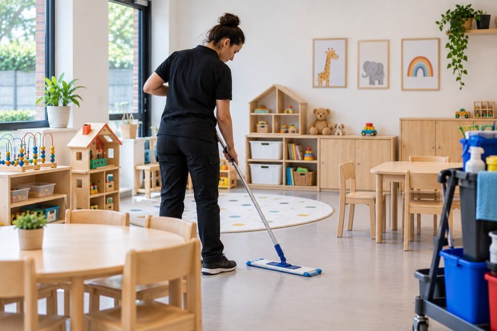 Schoonmaakprofessional reinigt een lege groepsruimte van een kinderdagverblijf