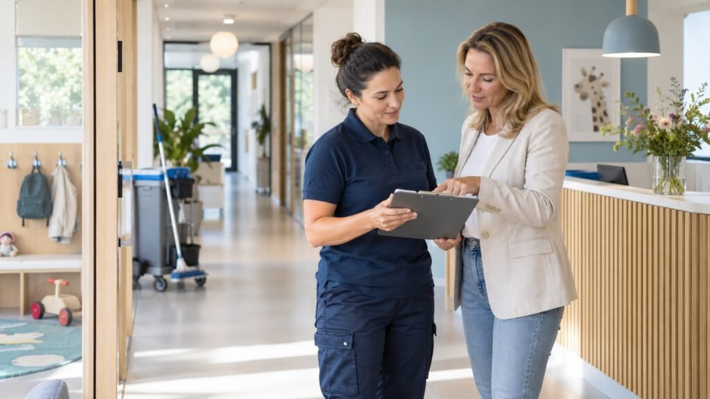 Bedrijfsmanager en schoonmaakprofessional bespreken een nieuwe schoonmaakplan