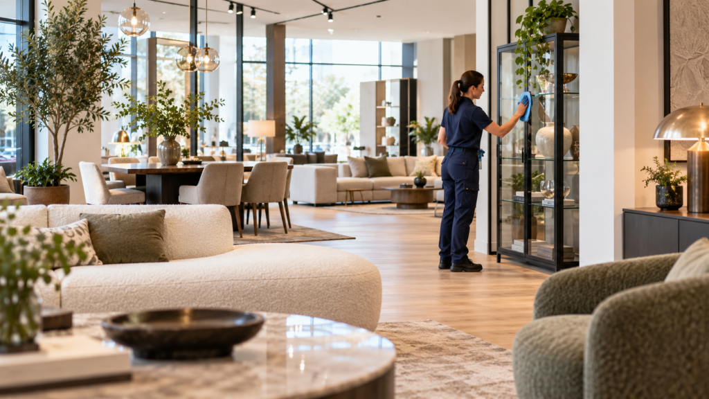 Schoonmaakprofessional reinigt een glazen vitrinekast in een moderne meubelshowroom.